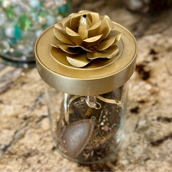Various Jewelry - Mystery Glass Jewelry Jar with Hand Painted Gold Lid and Magnetic Metal Flower
